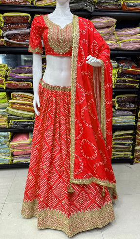 Red Maslin Silk Lehenga with Digital Print & Embroidery