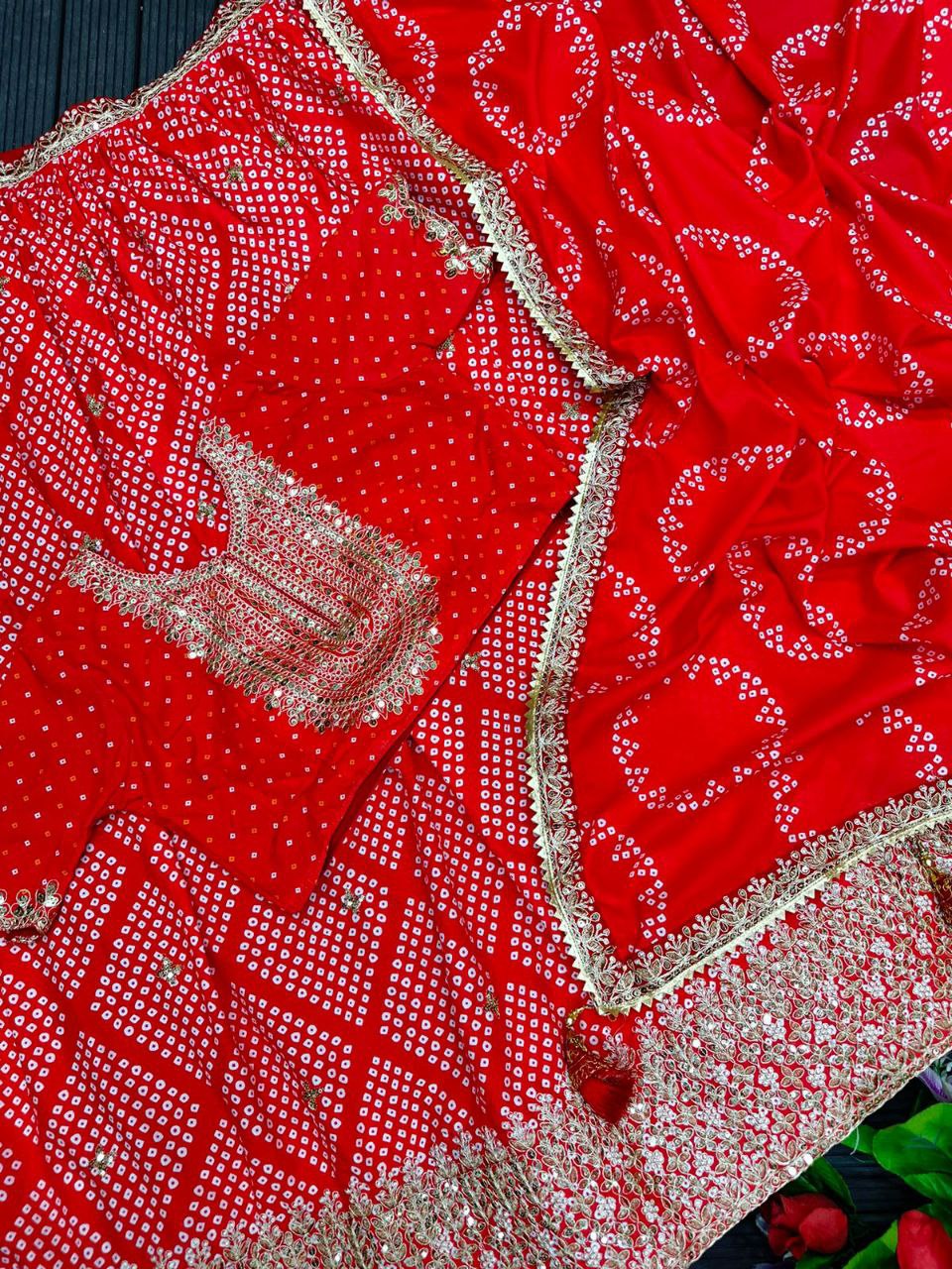 Red Maslin Silk Lehenga with Digital Print & Embroidery