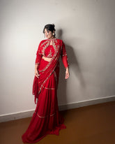 Occasional Wear Red Color Georgette Ruffle Work Lehenga Saree