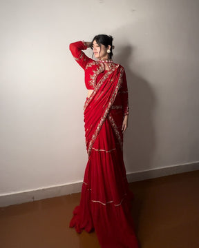 Occasional Wear Red Color Georgette Ruffle Work Lehenga Saree