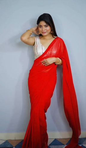 Red Heavy Georgette Saree with Embroidered Belt & Blouse