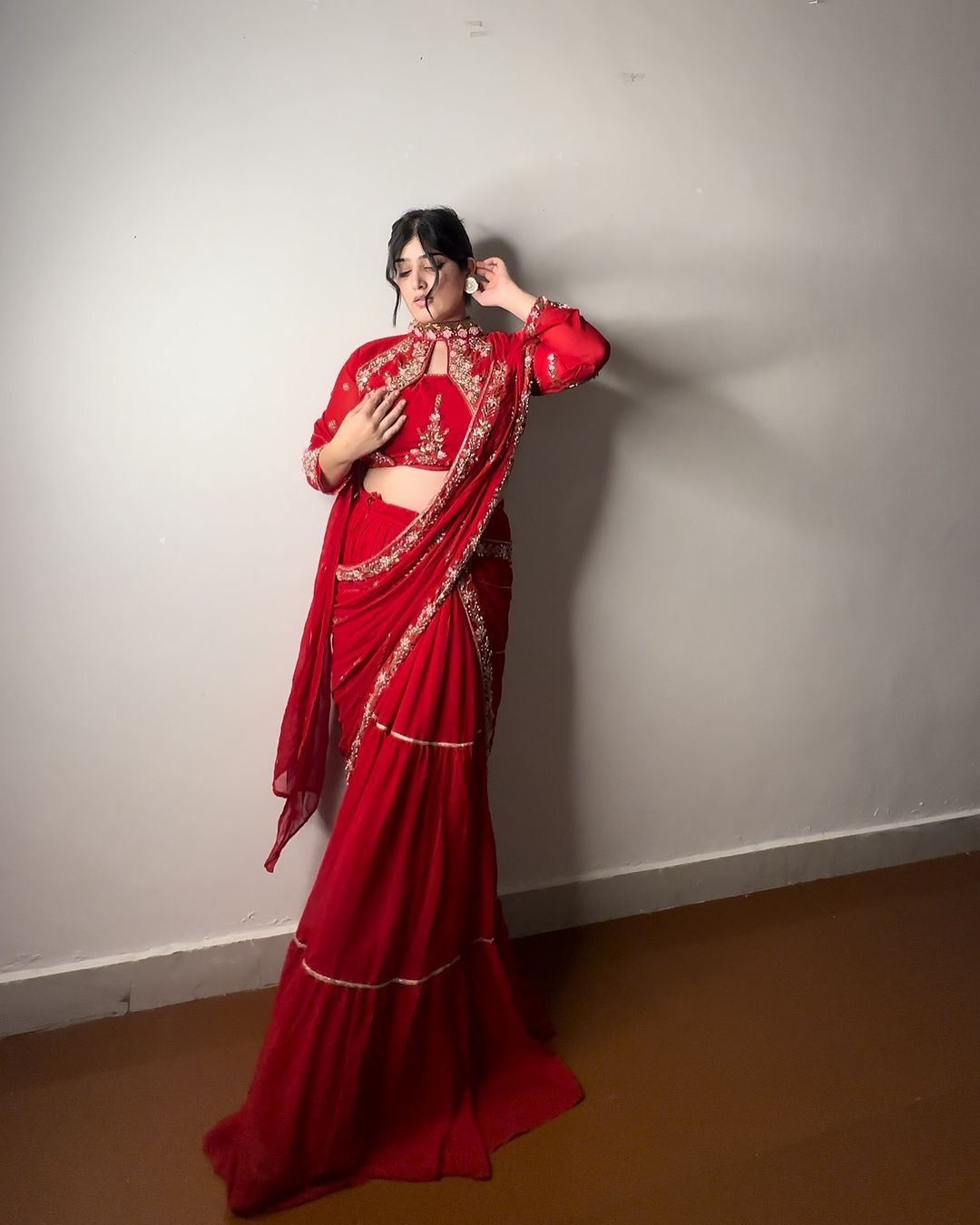 Occasional Wear Red Color Georgette Ruffle Work Lehenga Saree