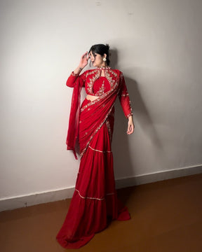 Occasional Wear Red Color Georgette Ruffle Work Lehenga Saree