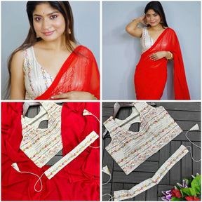 Red Heavy Georgette Saree with Embroidered Belt & Blouse