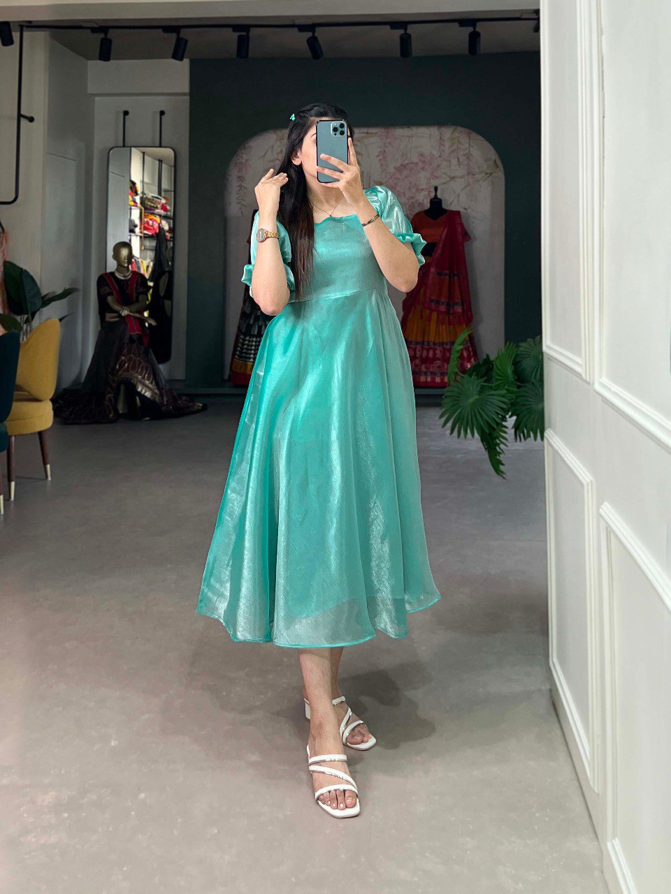 Sea Green Color Burberry Silk Ready Made Gown