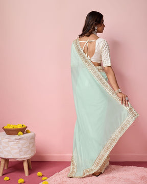 Sea Green Soft Organza Embroidery Border Work Saree