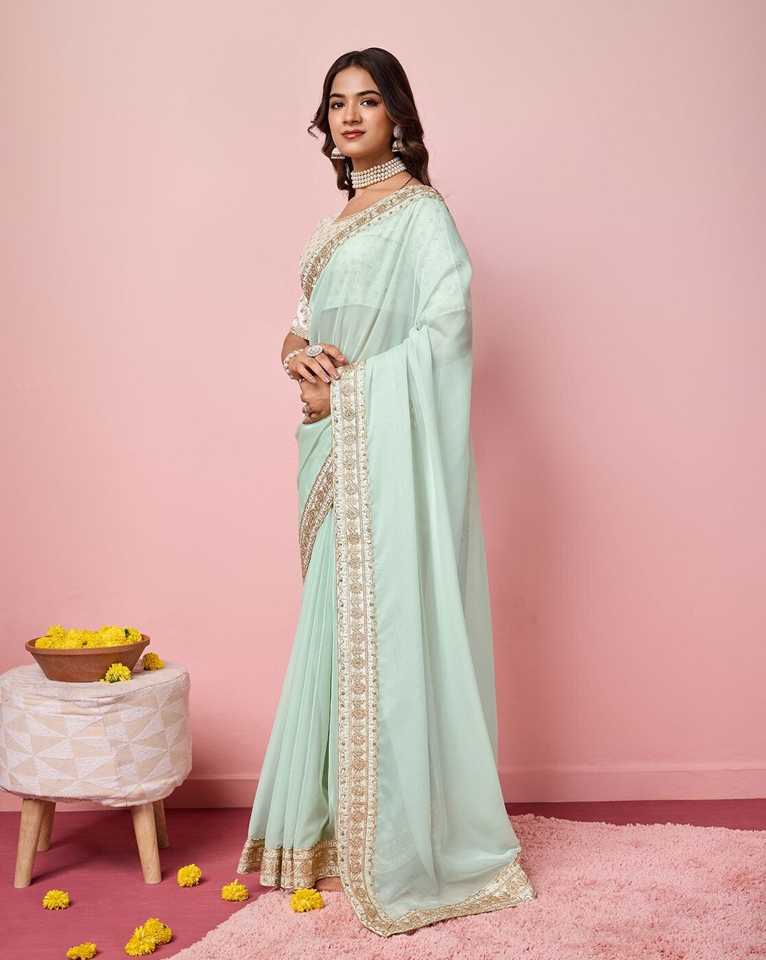 Sea Green Soft Organza Embroidery Border Work Saree