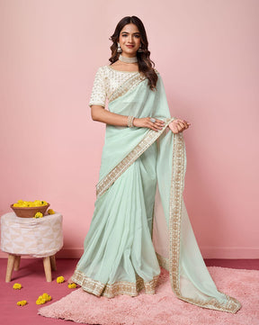 Sea Green Soft Organza Embroidery Border Work Saree