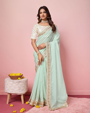 Sea Green Soft Organza Embroidery Border Work Saree