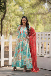 Sky blue Color Digital printed Russian Silk Party wear Gown