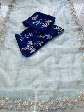 Light Sky-Blue Soft Georgette Embroidery Saree