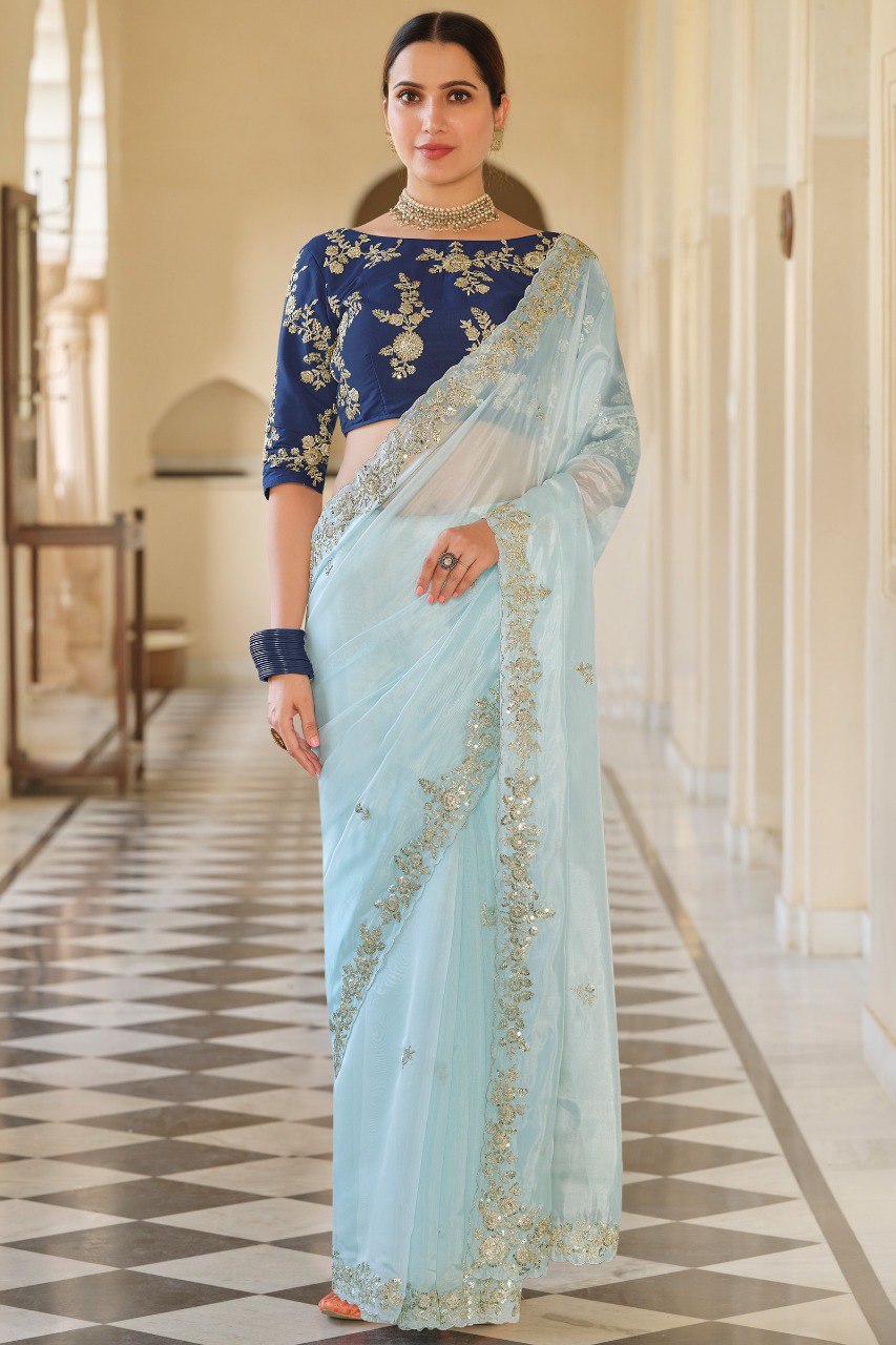 Light Sky-Blue Soft Georgette Embroidery Saree