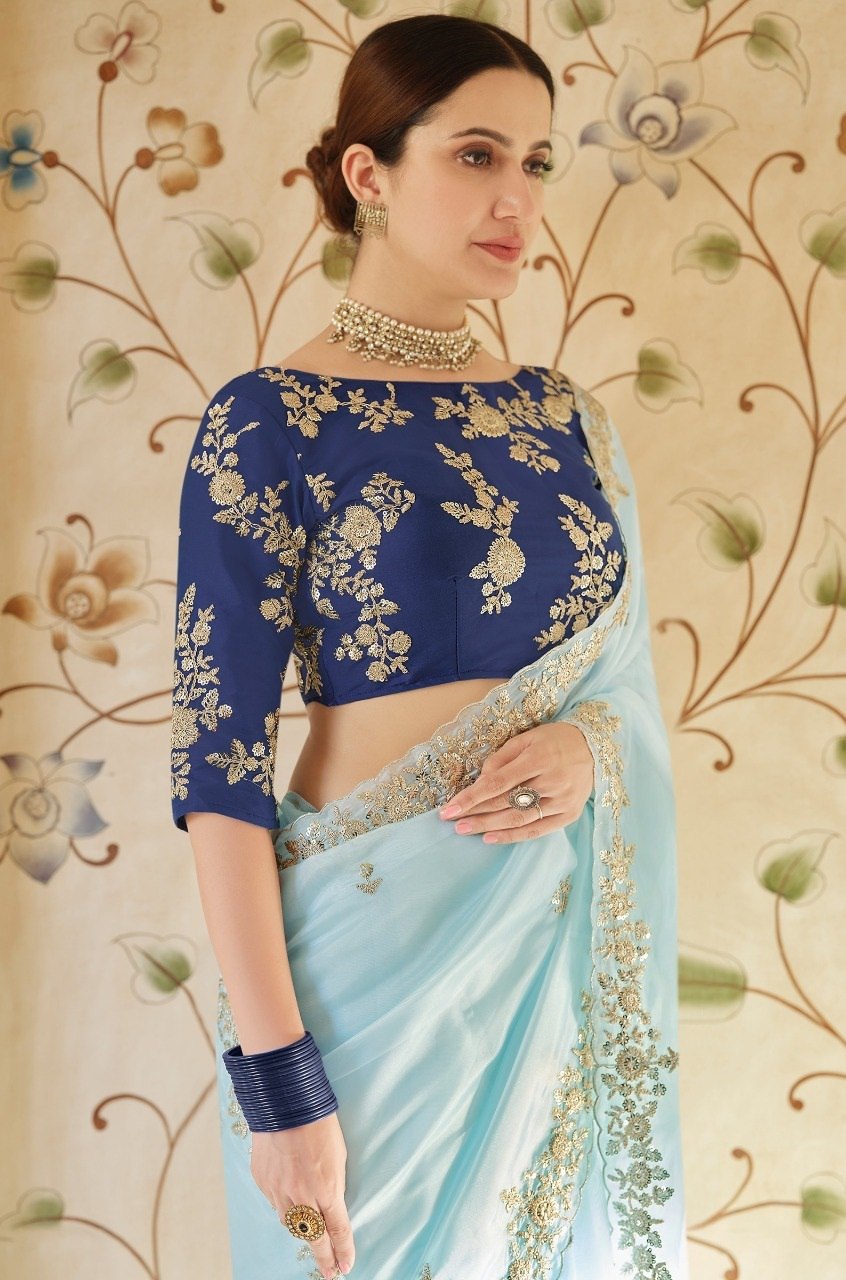 Light Sky-Blue Soft Georgette Embroidery Saree