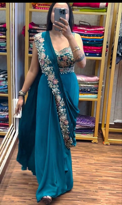 Elegant Teal Embroidered Chinon Saree with Jacket