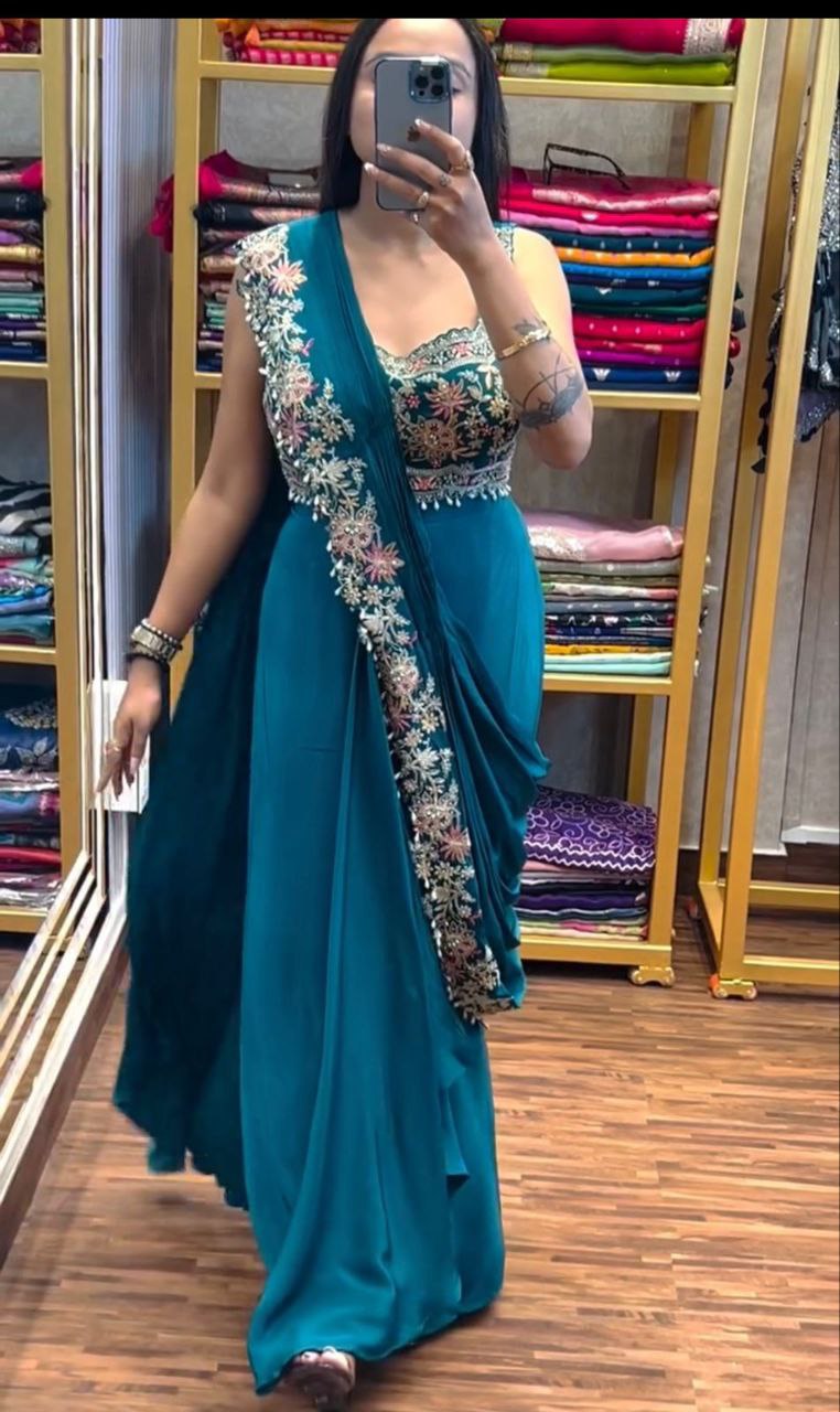 Elegant Teal Embroidered Chinon Saree with Jacket