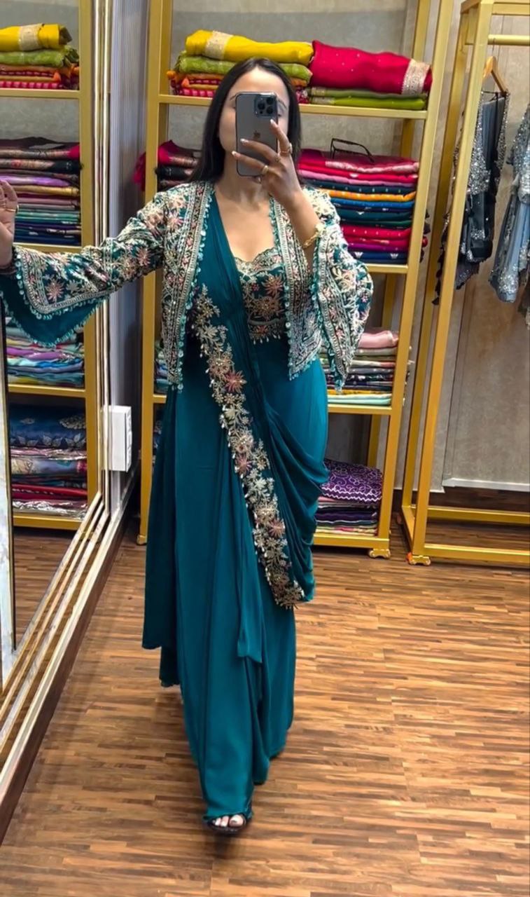 Teal Heavy Satin Saree with Embroidered Jacket & Blouse Set