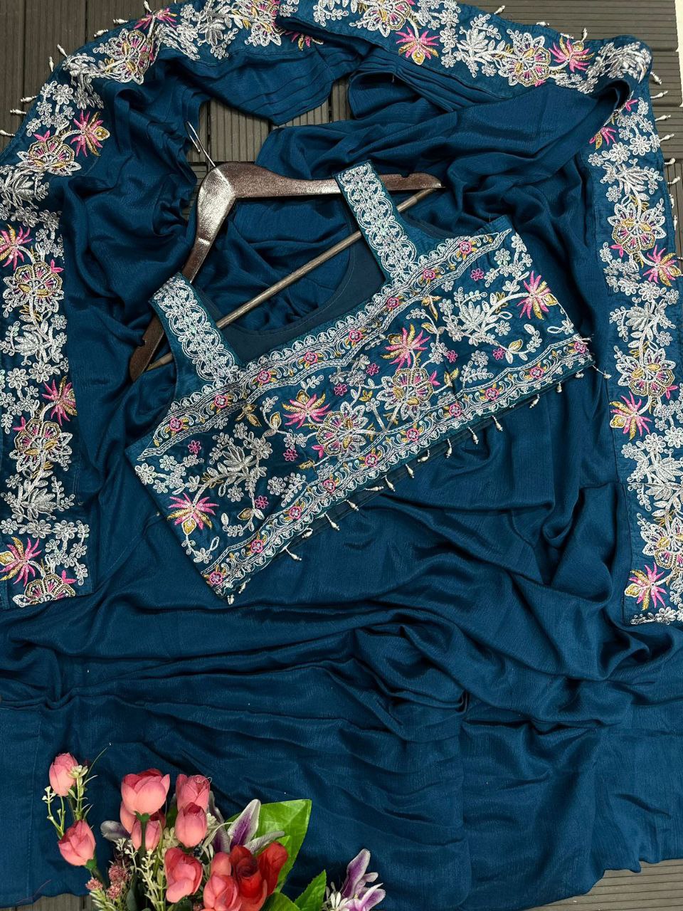 Elegant Teal Embroidered Chinon Saree with Jacket