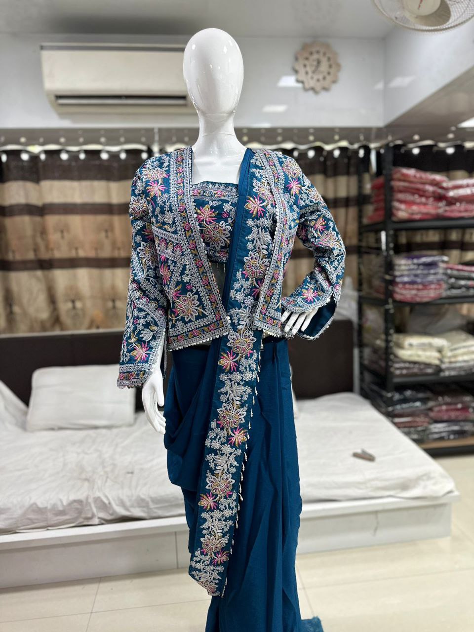 Elegant Teal Embroidered Chinon Saree with Jacket