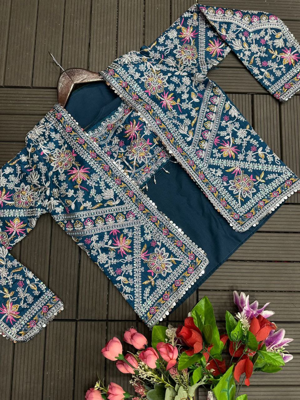 Elegant Teal Embroidered Chinon Saree with Jacket