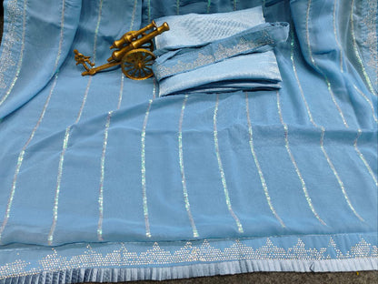 Blue Luxe Petals Embroidered Georgette with Diamonds Saree