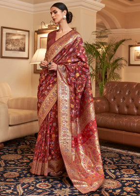 Classic Maroon Woven Jamewar Kashmiri Banarasi Saree