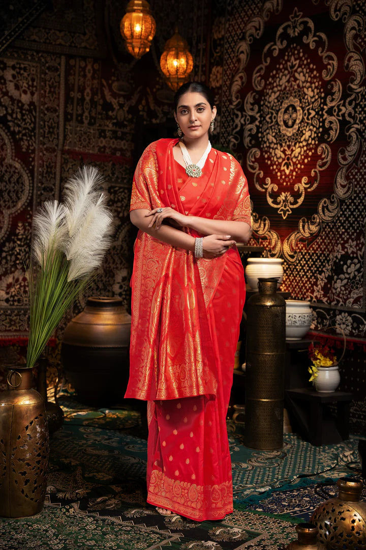 Red Banarasi Silk Saree - Woven in Varanasi