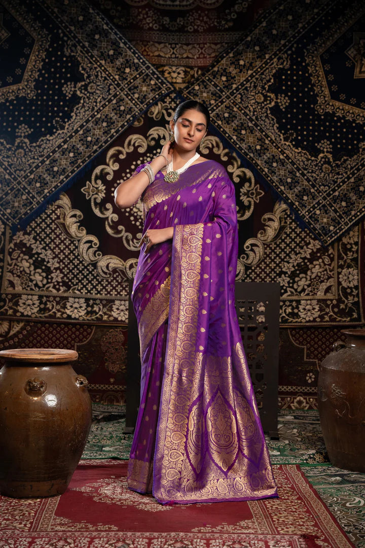 Violet Banarasi Silk Saree with Detailed Woven Motifs