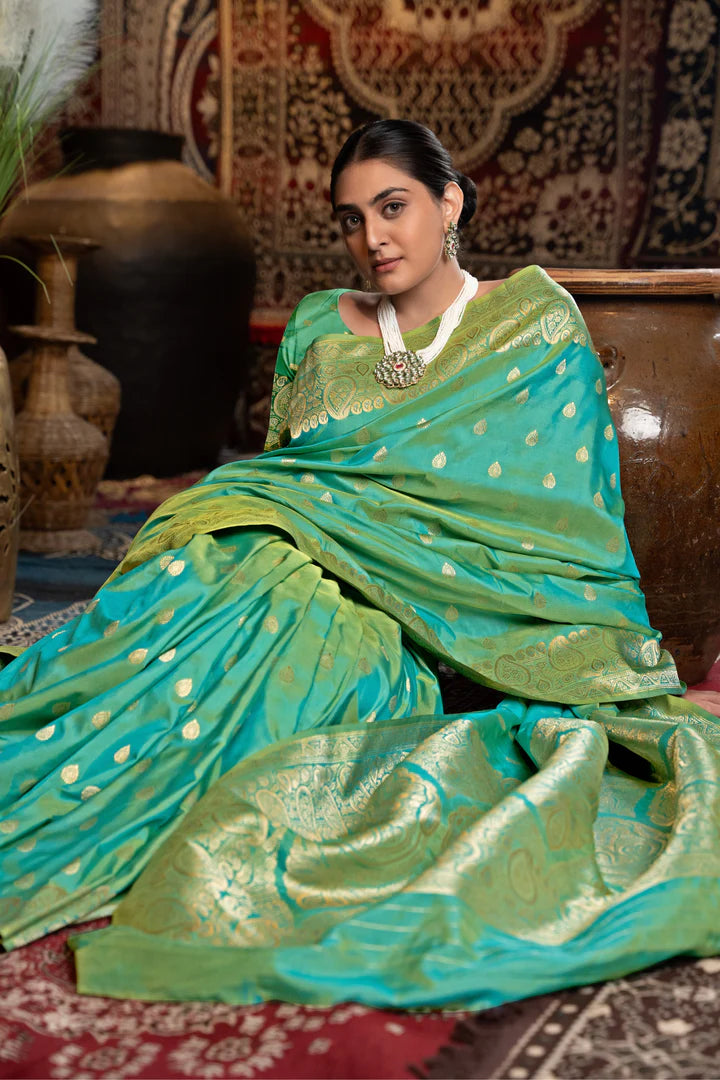 Green Banarasi Silk Saree & Matching Blouse