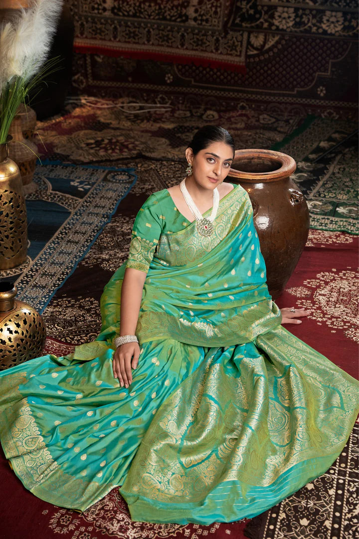 Green Banarasi Silk Saree & Matching Blouse