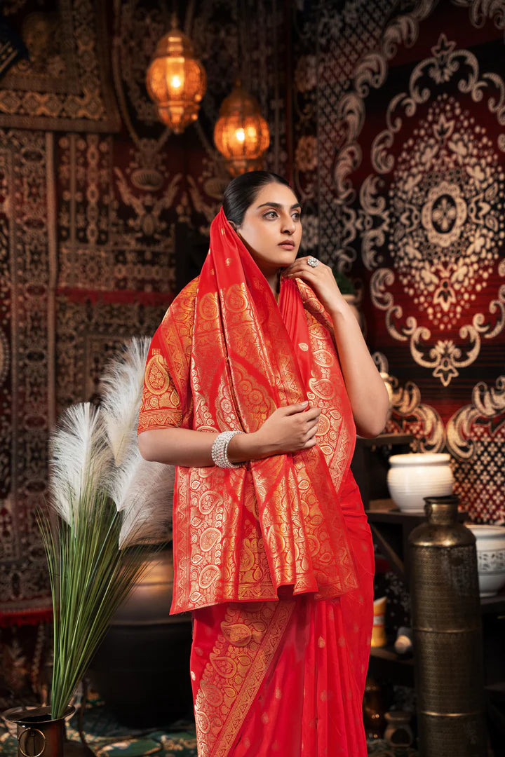 Red Banarasi Silk Saree - Woven in Varanasi