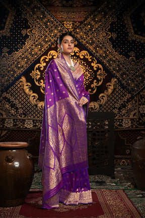 Violet Banarasi Silk Saree with Detailed Woven Motifs