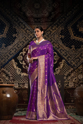 Violet Banarasi Silk Saree with Detailed Woven Motifs