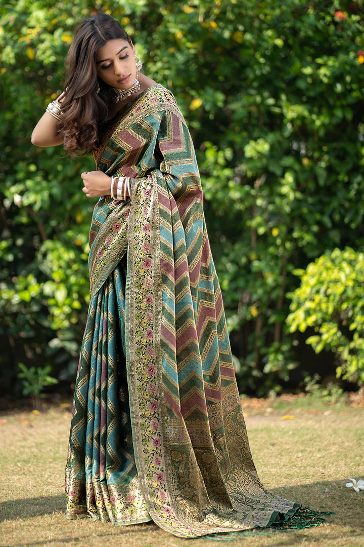 Green Banarasi Organza Saree with Leheriya Design