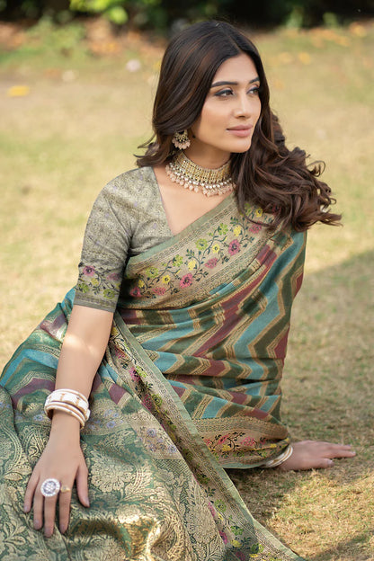 Green Banarasi Organza Saree with Leheriya Design