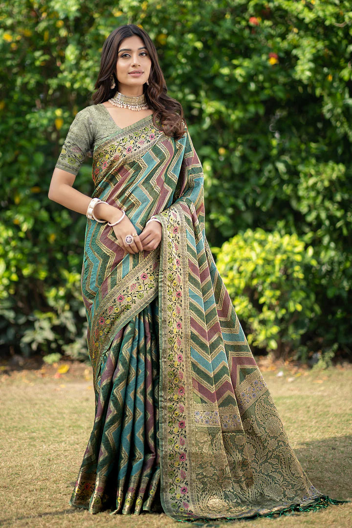 Green Banarasi Organza Saree with Leheriya Design