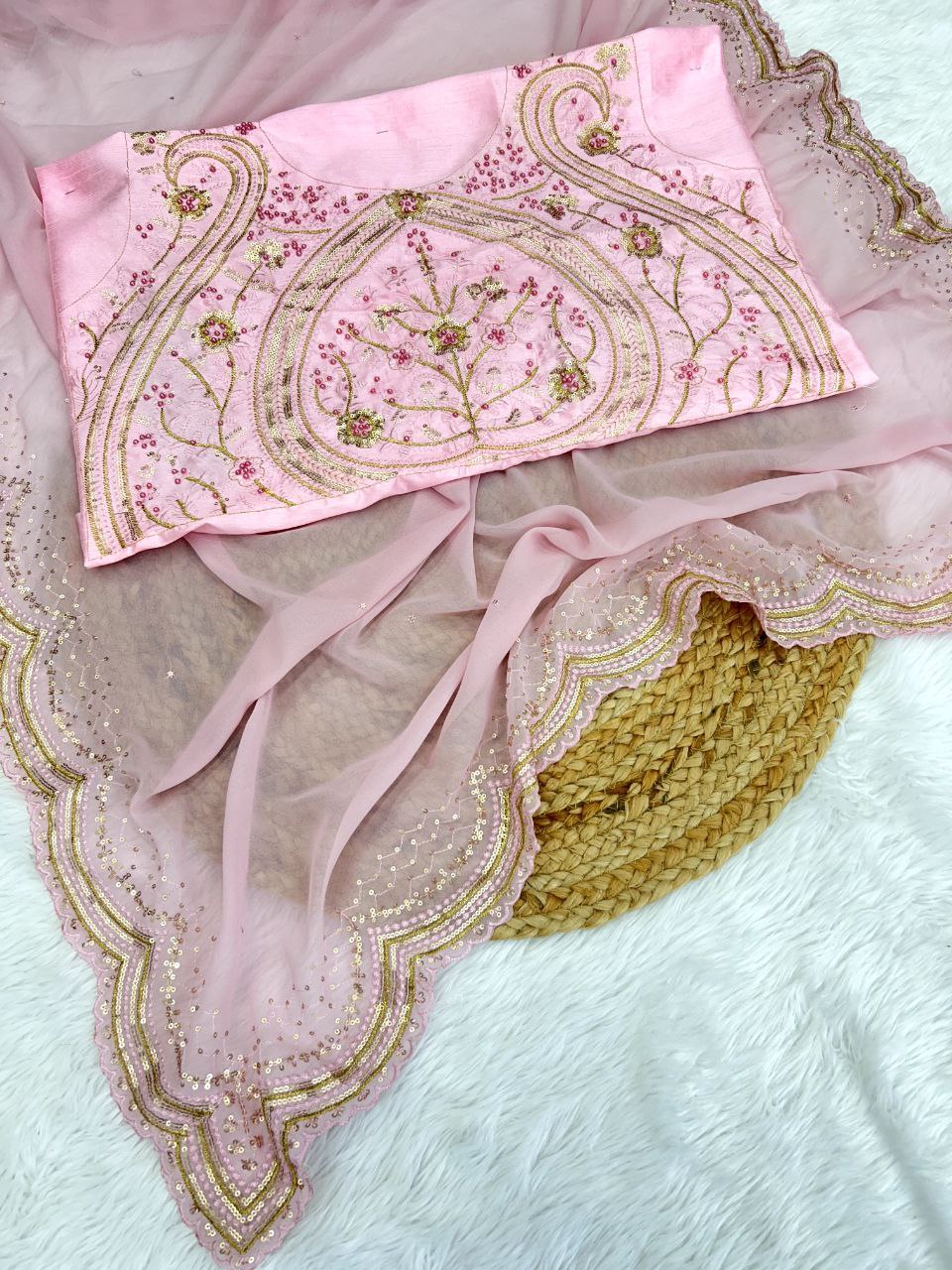 Baby Pink Georgette Embroidery Work With Sequence