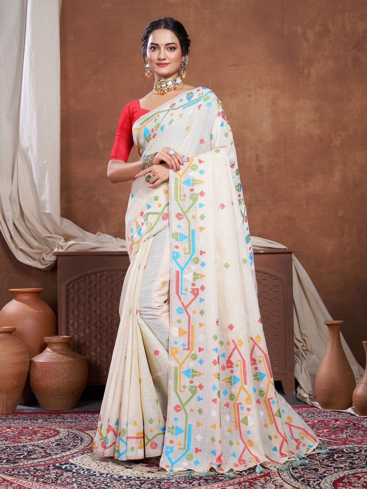 Cream Linen Jamdani Saree