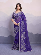 Navy Blue Soft Organza Silk Sequins Work Saree