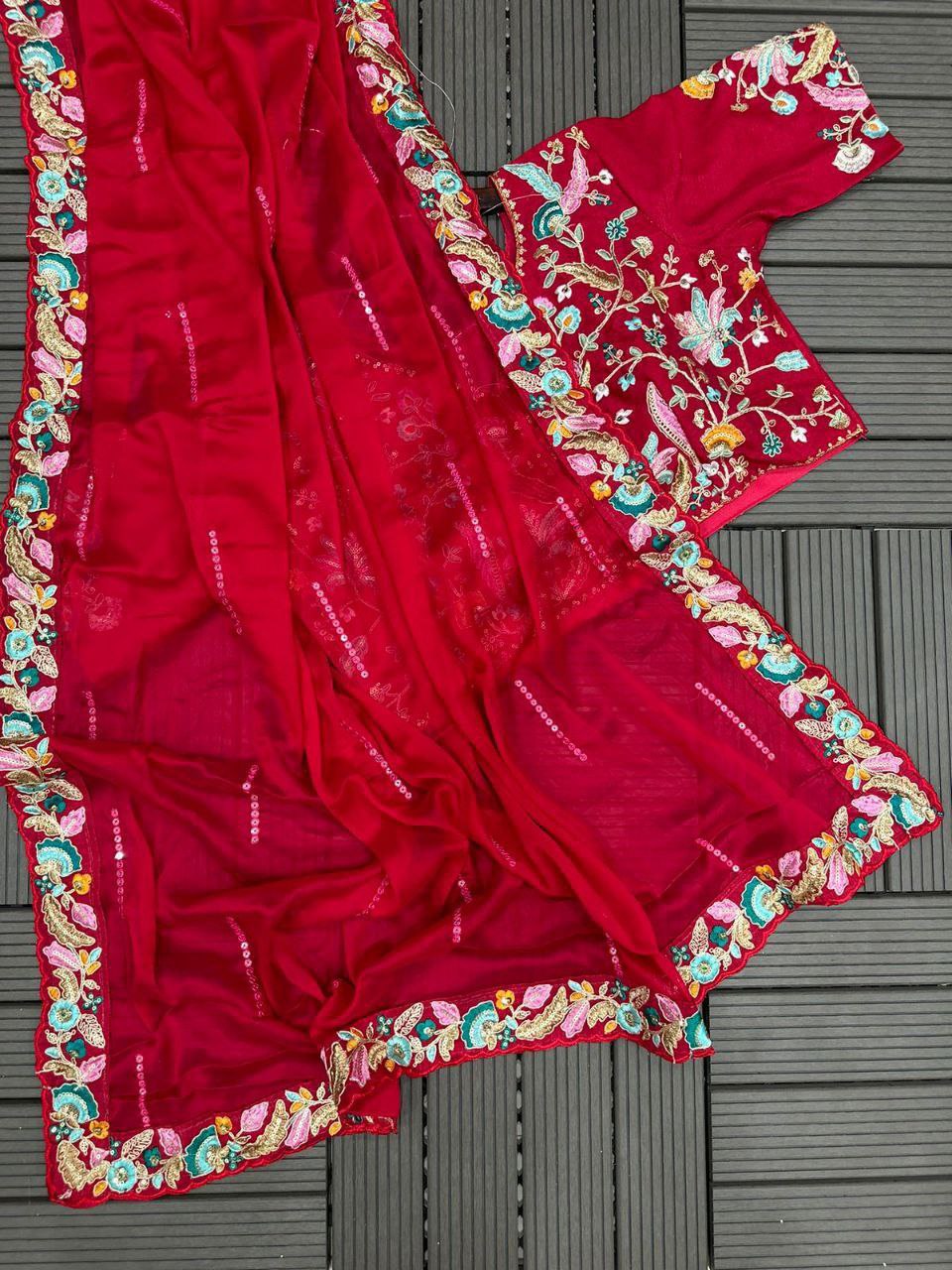 Red Rangoli Silk Embroidery Work Saree