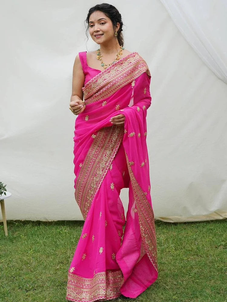 Pink Georgette Saree with Embroidered Lace Border