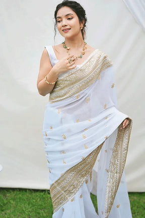 White Georgette Saree with Lace Border & Butta Work