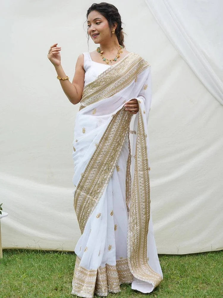 White Georgette Saree with Lace Border & Butta Work