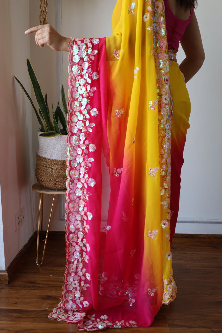 Yellow & Red Shaded Effect Georgette Saree
