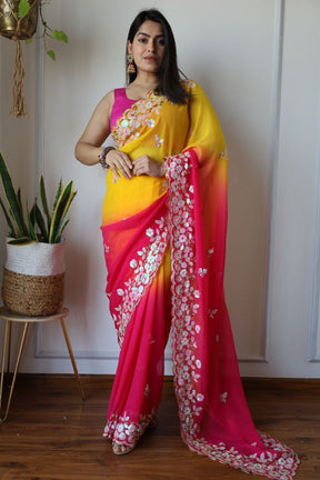 Yellow & Red Shaded Effect Georgette Saree