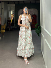 New White Color Floral Print Gown