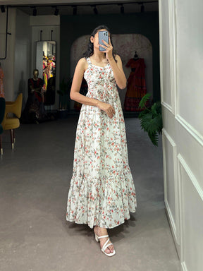 New White Color Floral Print Gown