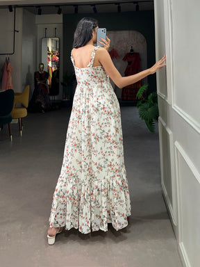 New White Color Floral Print Gown