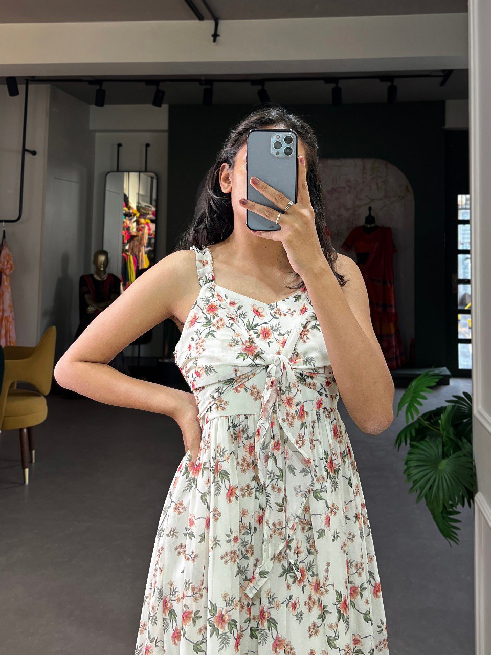 New White Color Floral Print Gown