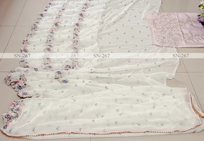 Amazing Designer White Georgette Ruffle Border Party Wear Saree