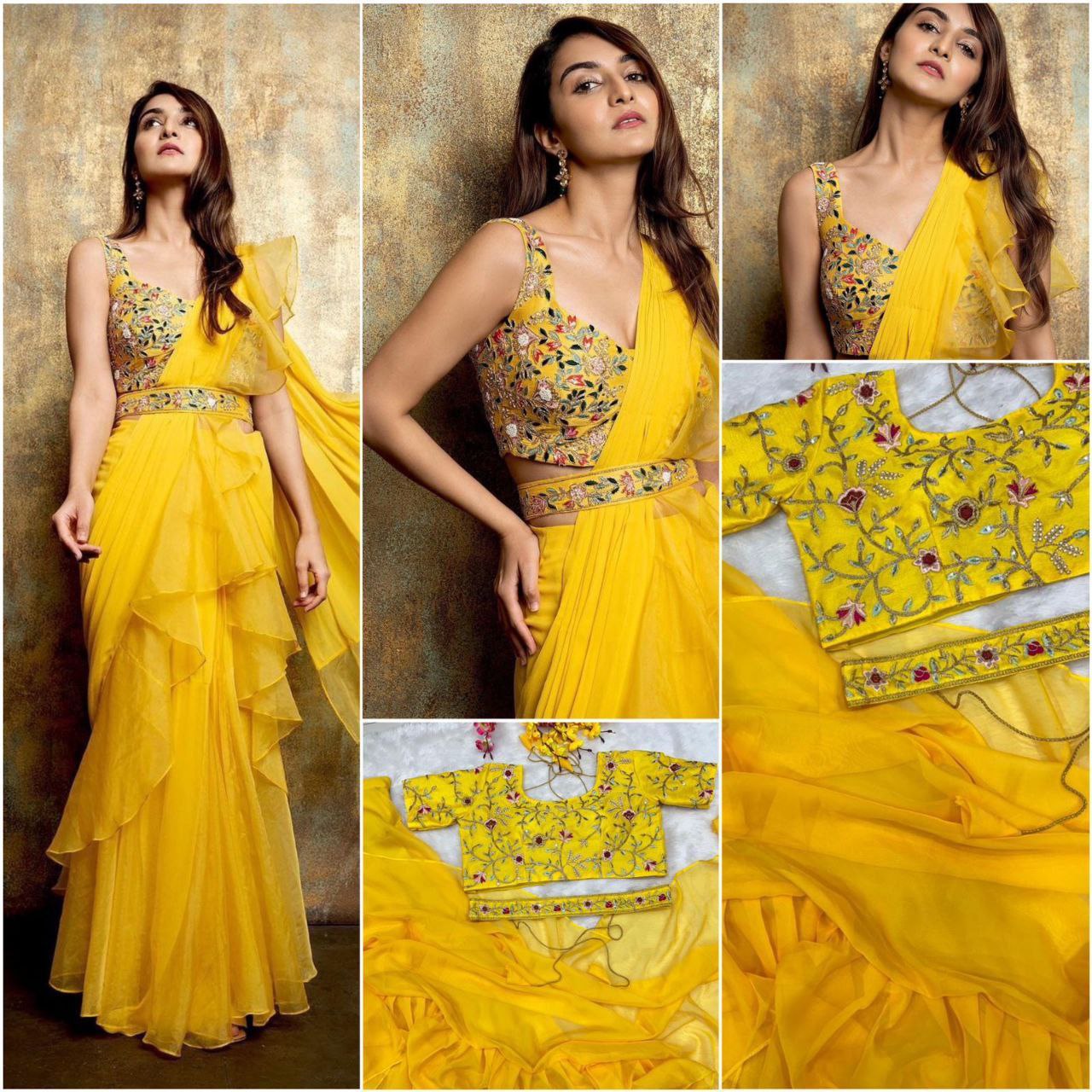 Beautiful Organza Silk Ready to wear saree (Yellow)
